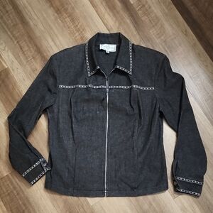 St. John Sport Vintage Dark Gray Denim Zip-Up Studded Jacket Shirt